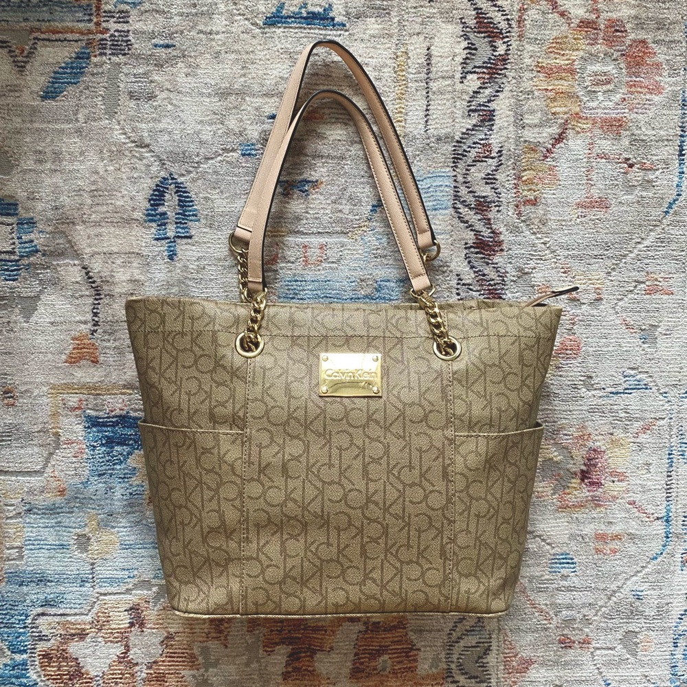 Calvin Klein Tan Logo Tote Bag with Zip Top and Gold Hardware